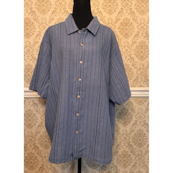 Eddie‎ Bauer Men's XXL Blue Linen Blend Short Sleeve Button Up Shirt Striped - Picture 1 of 11